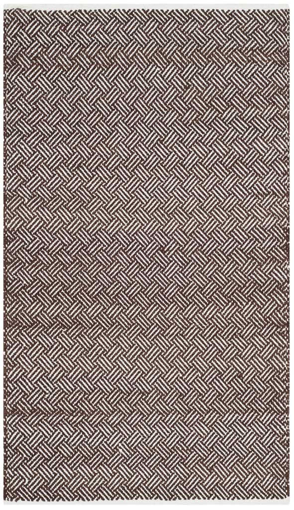 A compact 3' x 5' cotton rug features interlocking brown and ivory chevrons.