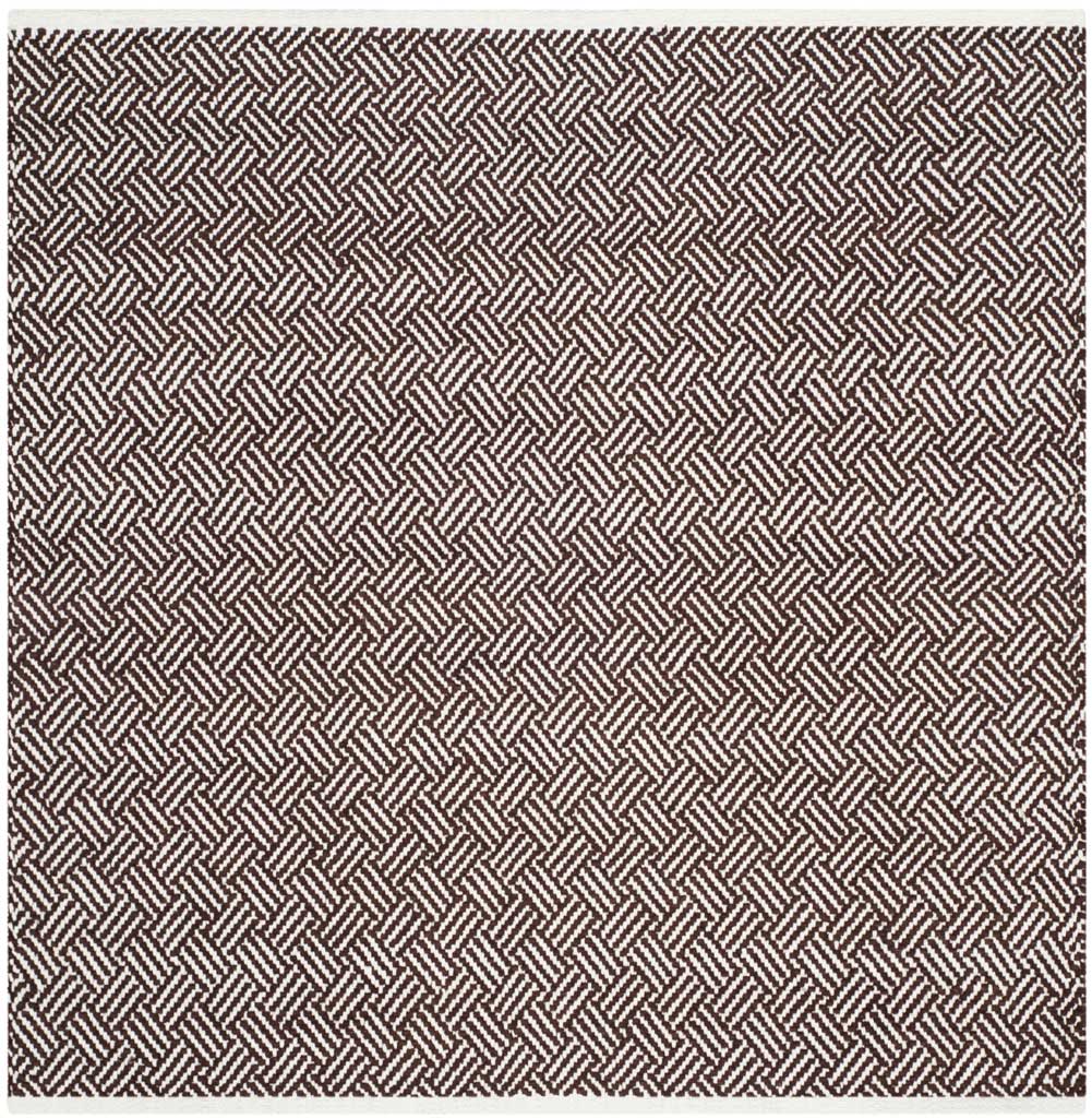 A square cotton rug pairs deep brown and ivory in an intricate woven herringbone design.