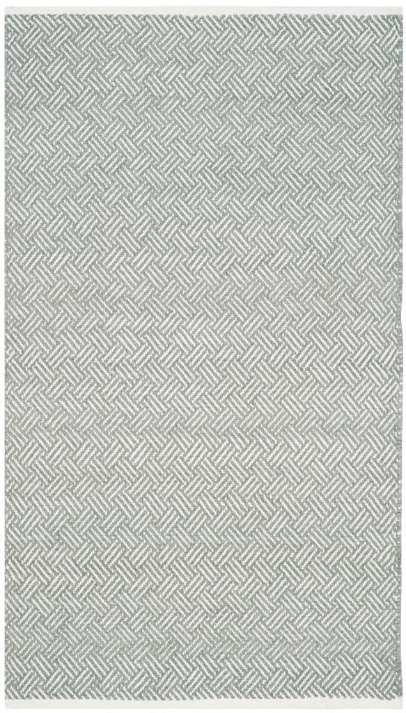 Pale gray and ivory herringbone repeats across a compact rectangular cotton rug.