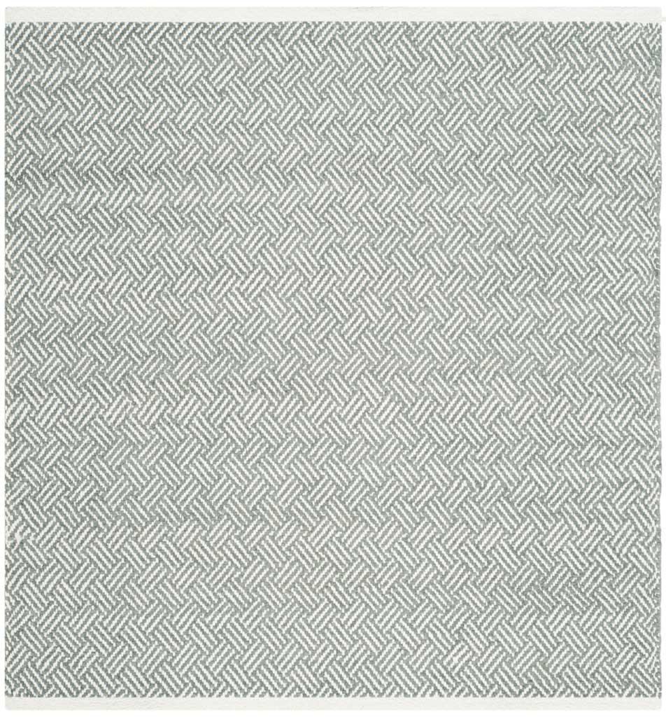 A square cotton rug combines pale gray and ivory in a closely spaced geometric weave.