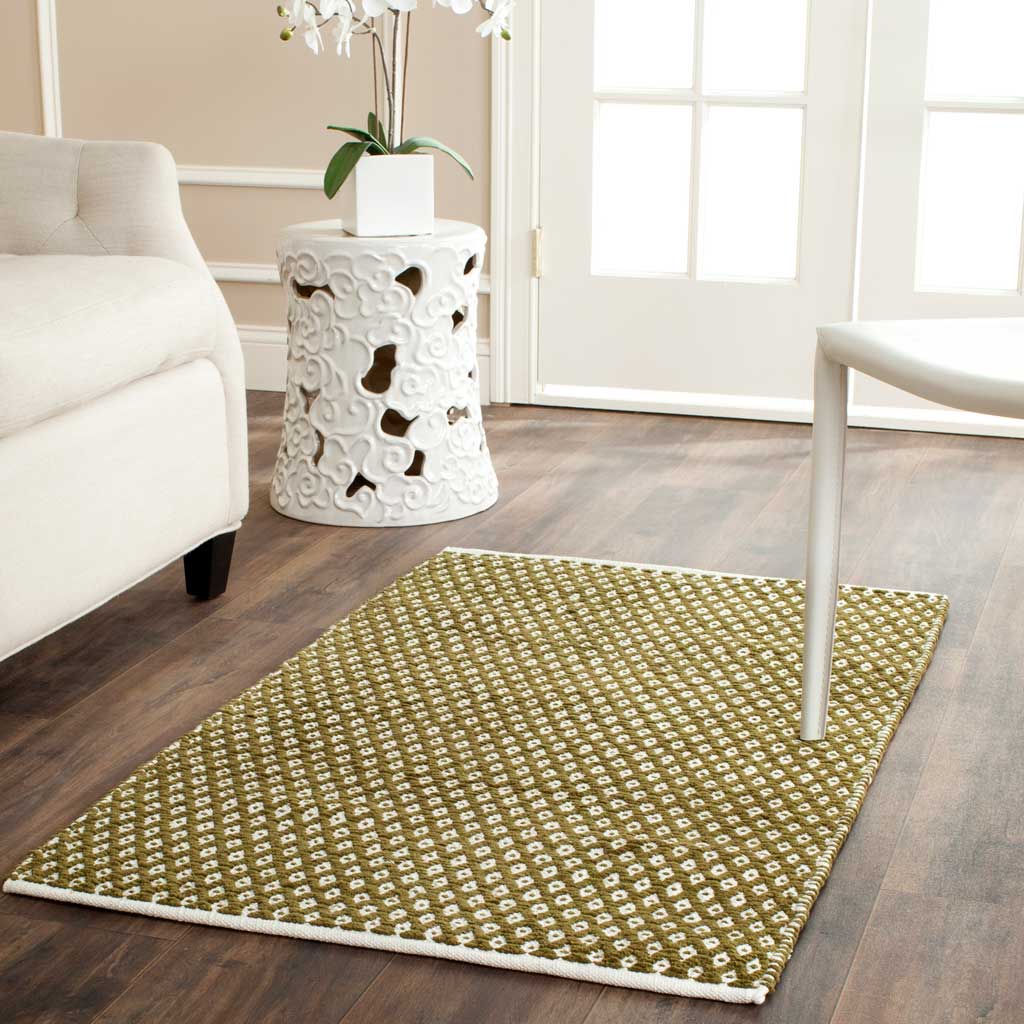 A small olive rug with ivory geometric details brings a warm accent to the seating area.