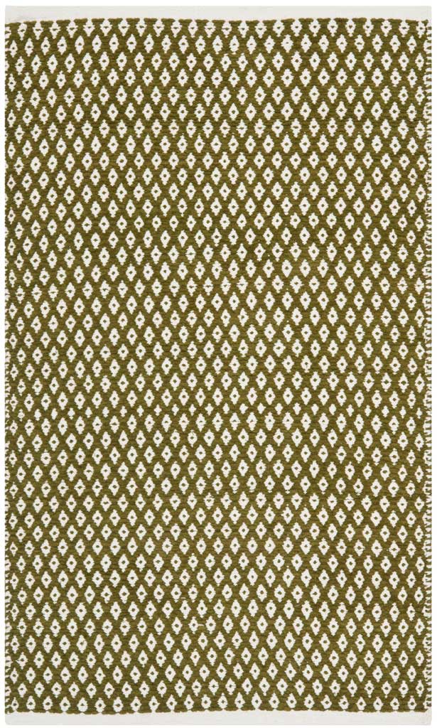 A compact olive accent rug offers graphic ivory latticework on a flat cotton weave.