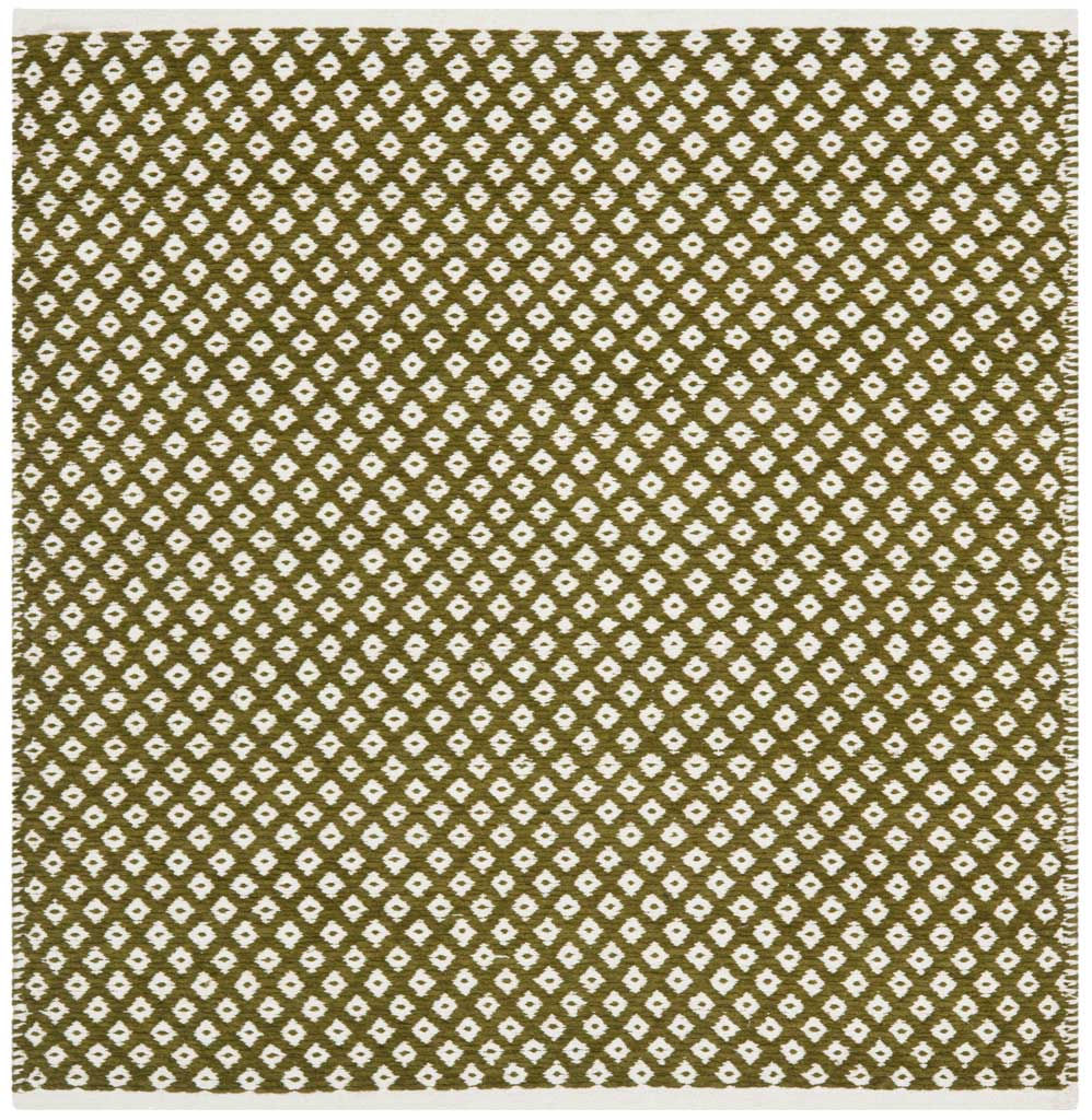 A spacious olive cotton rug features a tight ivory diamond lattice and a warm, earthy palette. || BOS685B-8 || top_studio