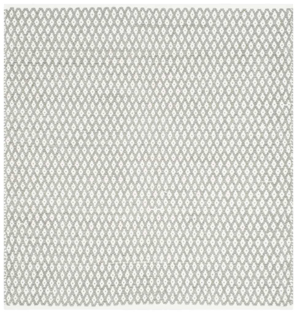 This square gray rug combines delicate ivory latticework with a tidy flat-woven profile.