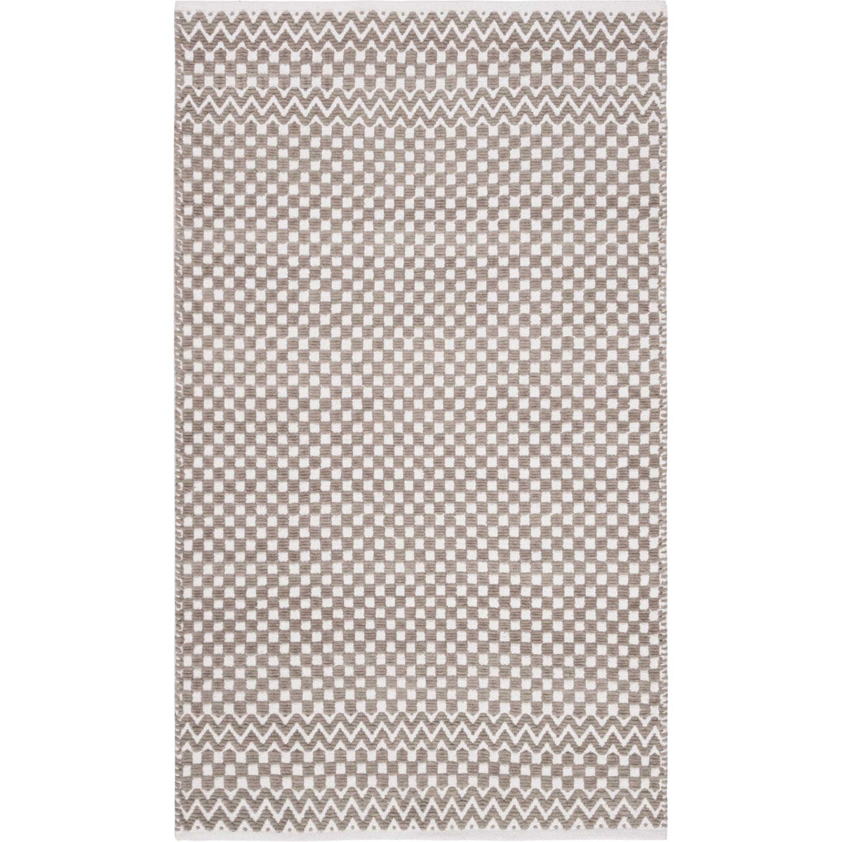 Compact taupe cotton rug mixes fine checks with a striking zigzag border at each end