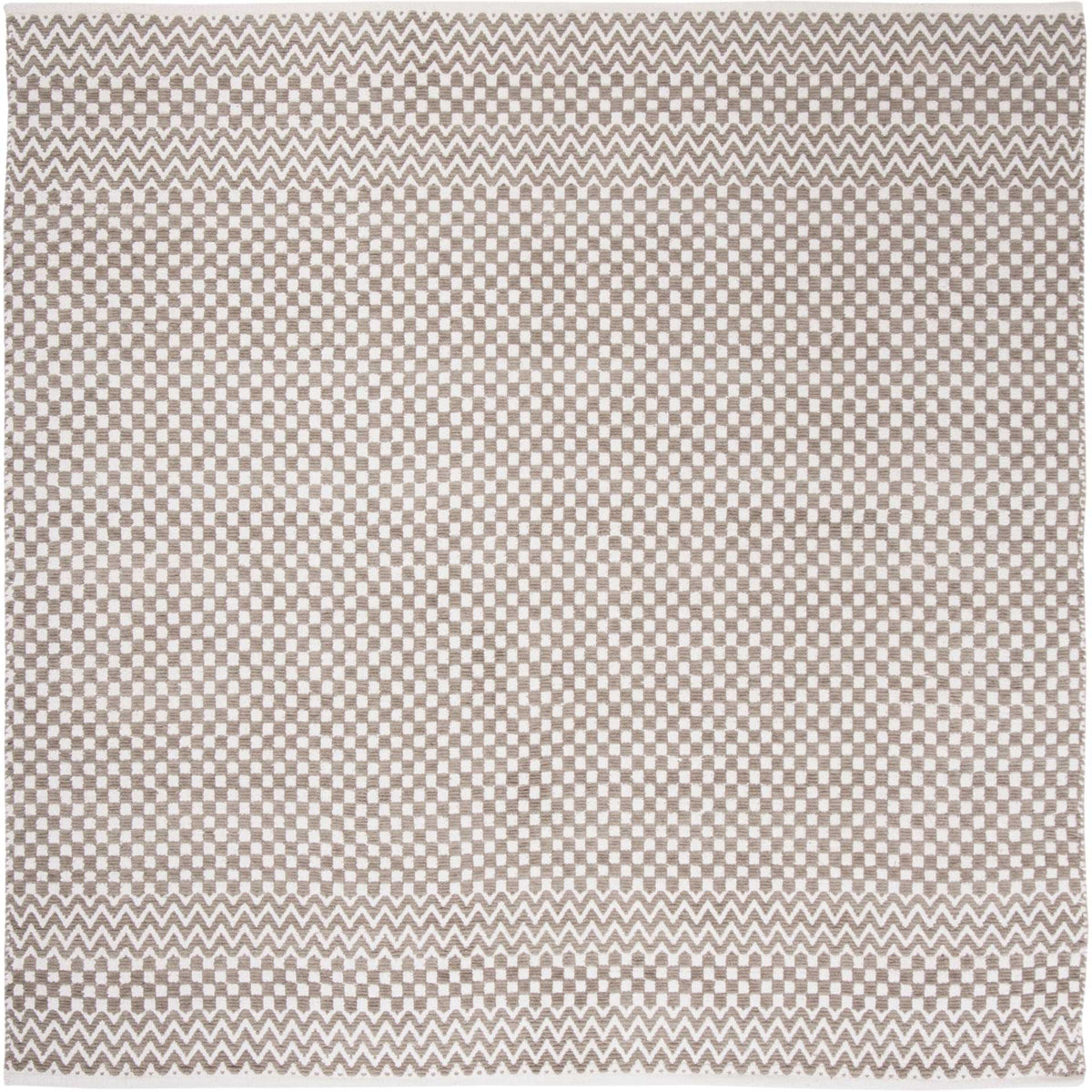 Square taupe rug features a woven checkerboard center and layered chevron border bands