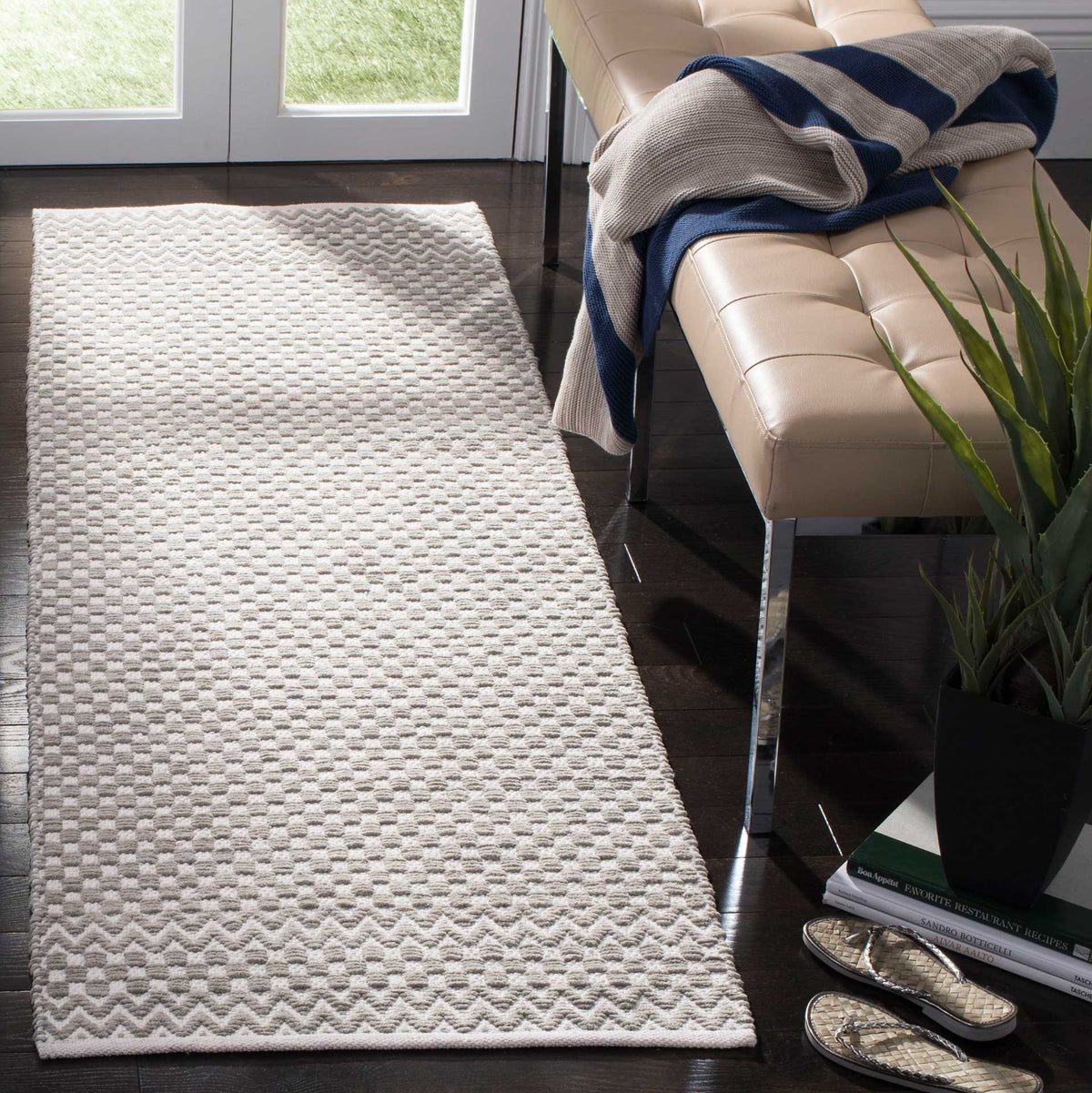 Textured gray cotton runner combines a repeating checked pattern with zigzag end accents