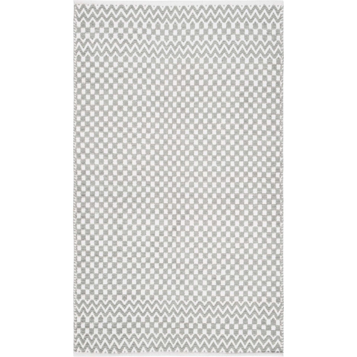 Compact gray cotton rug with an allover checkerboard weave and crisp zigzag end borders