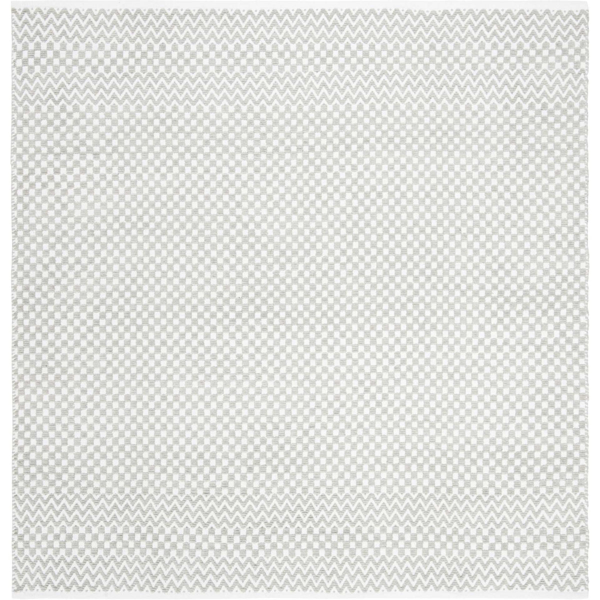 Square gray cotton rug with alternating checks and layered chevron borders