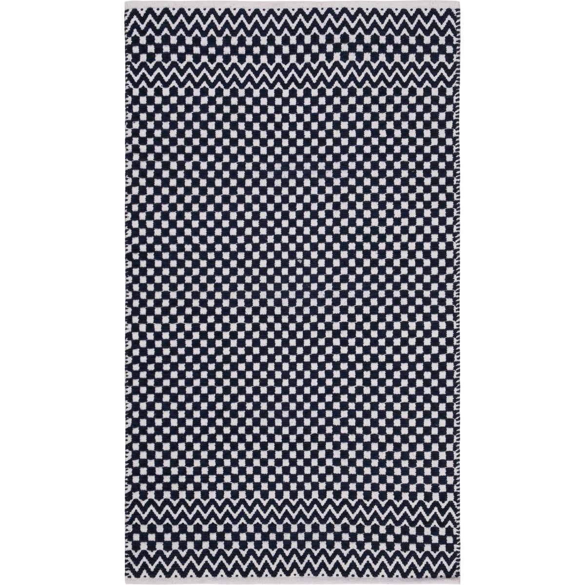 Compact navy cotton rug with graphic ivory checks and repeating zigzag end borders