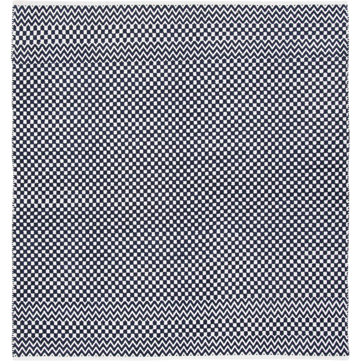 Square navy rug pairs dense checkerboard patterning with crisp ivory chevron end borders