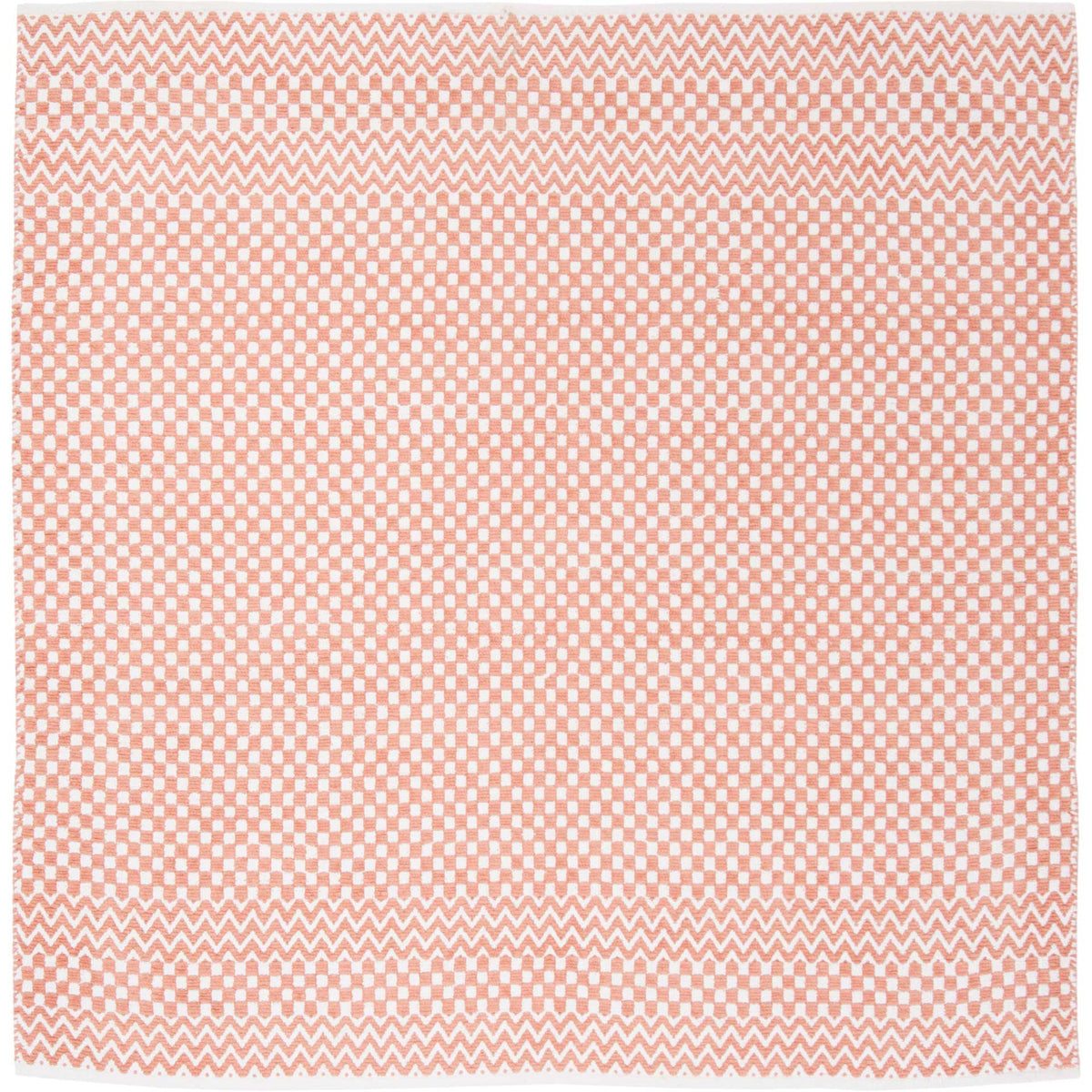 Square orange cotton rug blends tight woven checks with playful zigzag borders