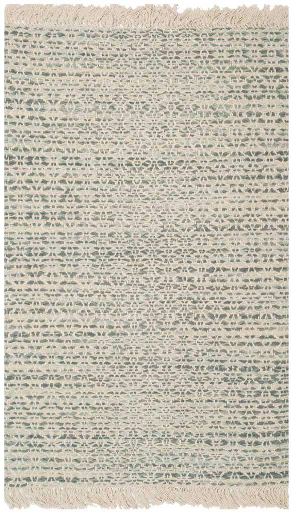 A compact gray and ivory cotton rug with rhythmic woven motifs and soft fringe