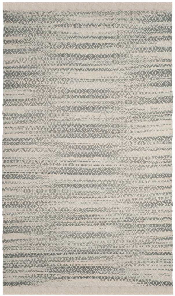 Cotton rug with alternating gray and ivory geometric bands and neatly fringed ends