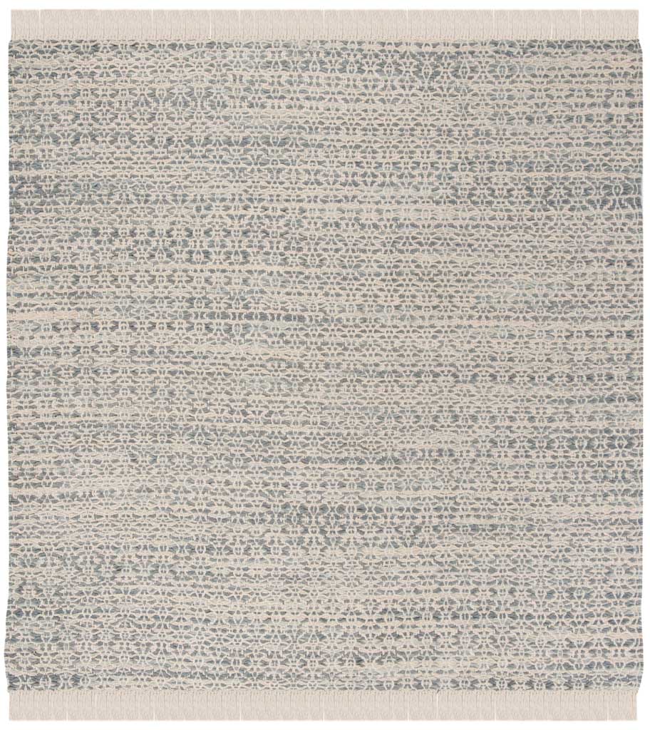 A square gray and ivory rug pairs closely spaced geometric motifs with pale fringed edges