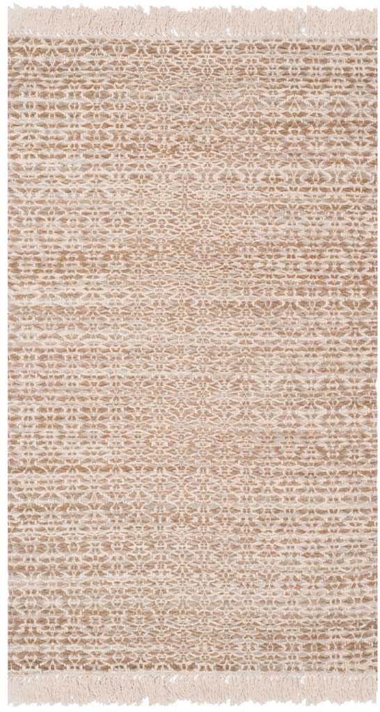 Compact beige and ivory cotton rug showcases richly woven patterns and generous fringe