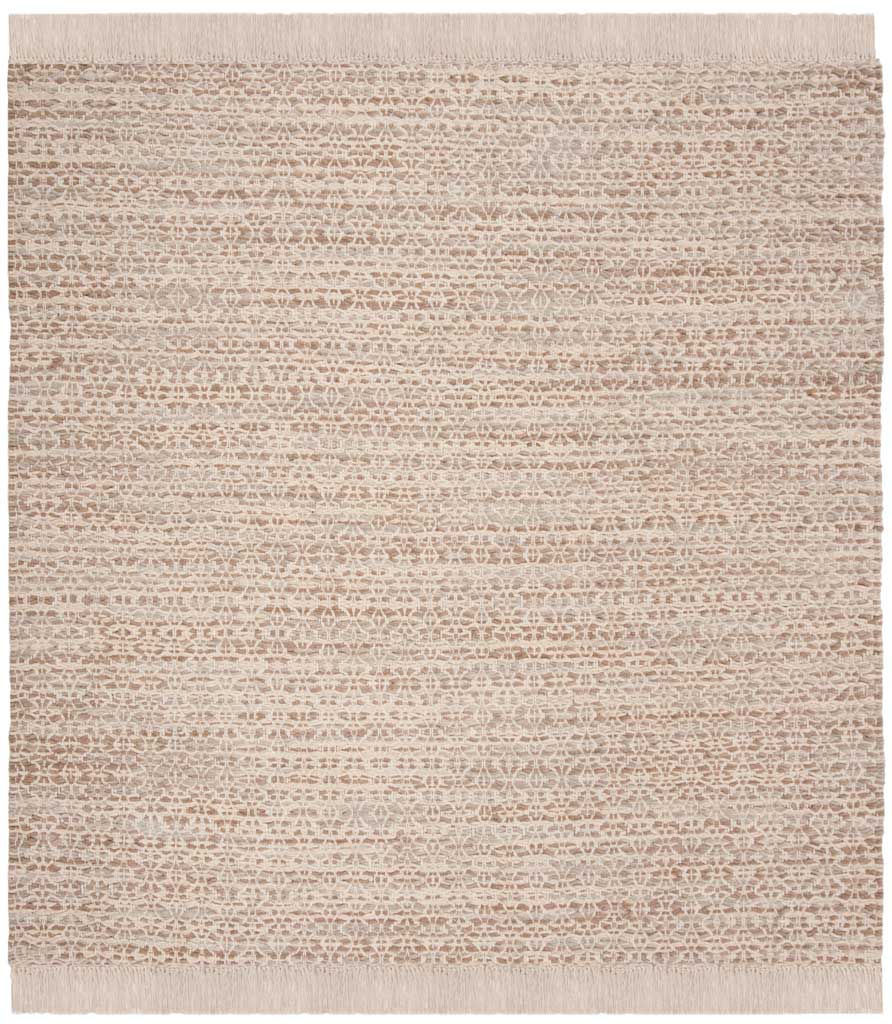 Square beige and ivory rug pairs intricate geometric rows with softly fringed ends