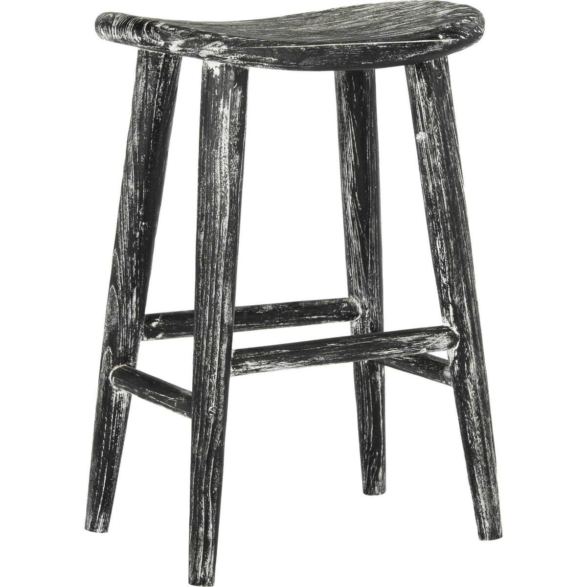 A curved wood seat tops this distressed black-and-white counter stool with splayed legs