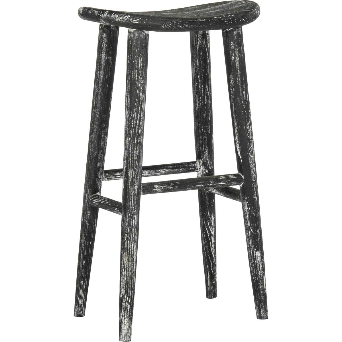 This wood bar stool pairs a curved seat with distressed black and whitewashed grain || BST1001A || front_angle_studio