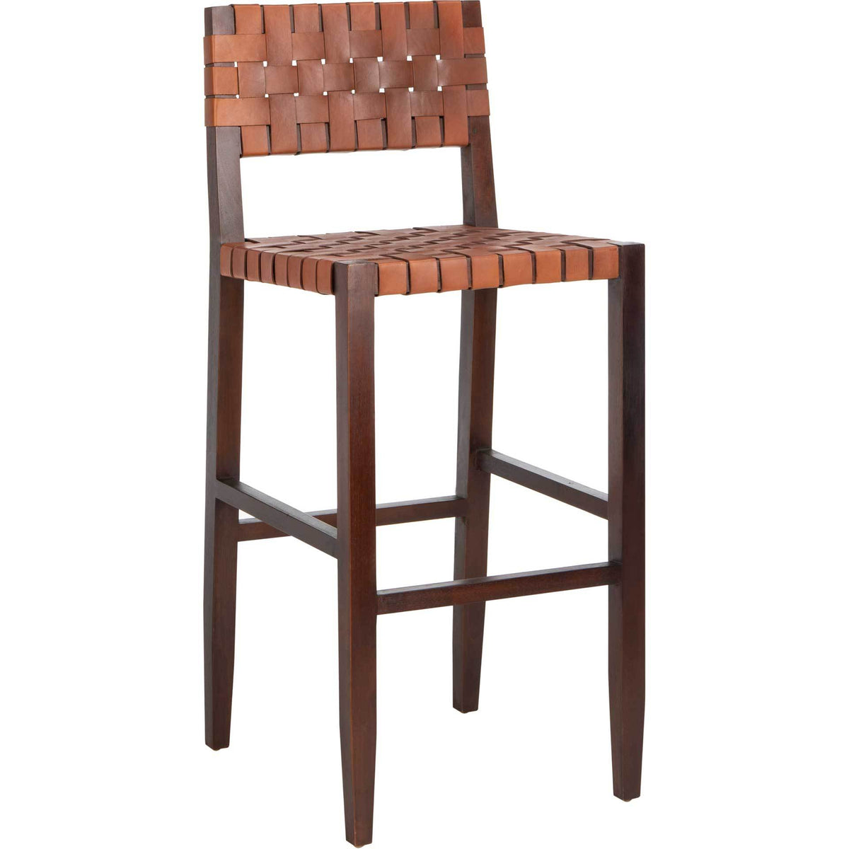 A tall wood frame supports cognac leather latticework on the bar stool's back and seat || BST1002A || front_angle_studio