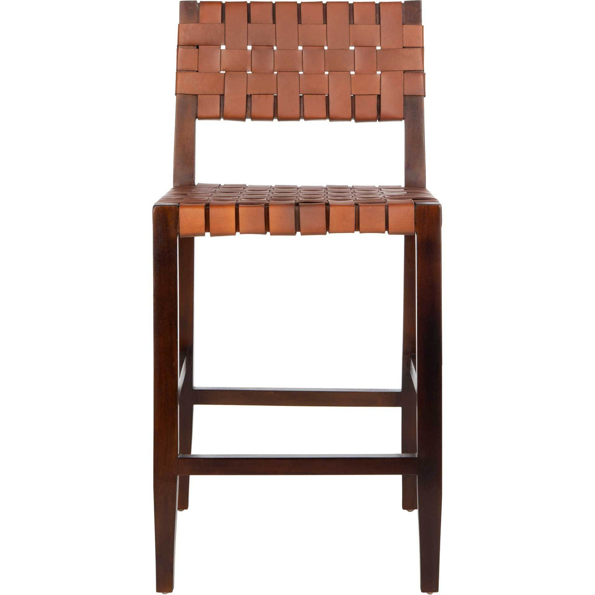 A counter-height stool pairs its woven cognac leather seat and back with sturdy walnut-finished wood || BST1003A || front_studio