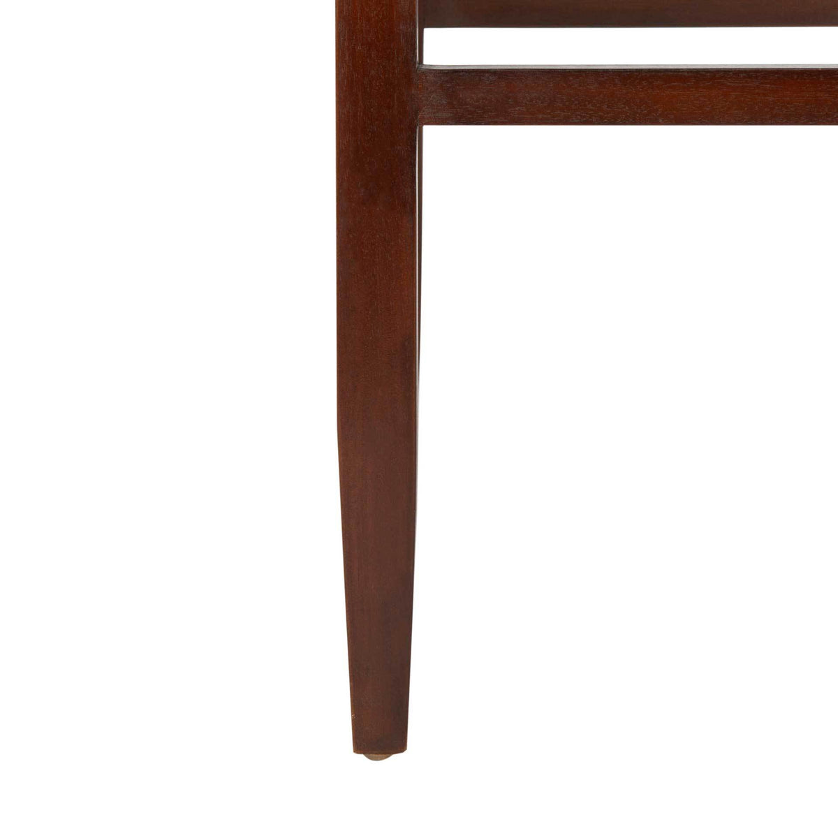 Walnut-finished wood tapers toward the foot beneath the counter stool's lower crossbars