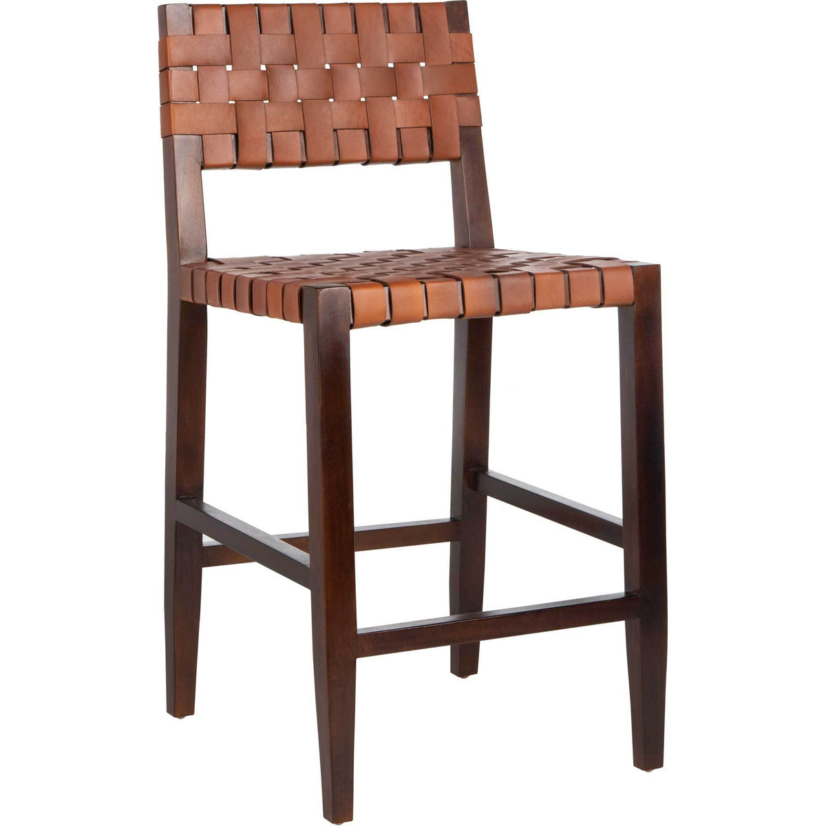 Cognac leather weaves across the back and seat of a counter stool with a walnut-finished wood frame