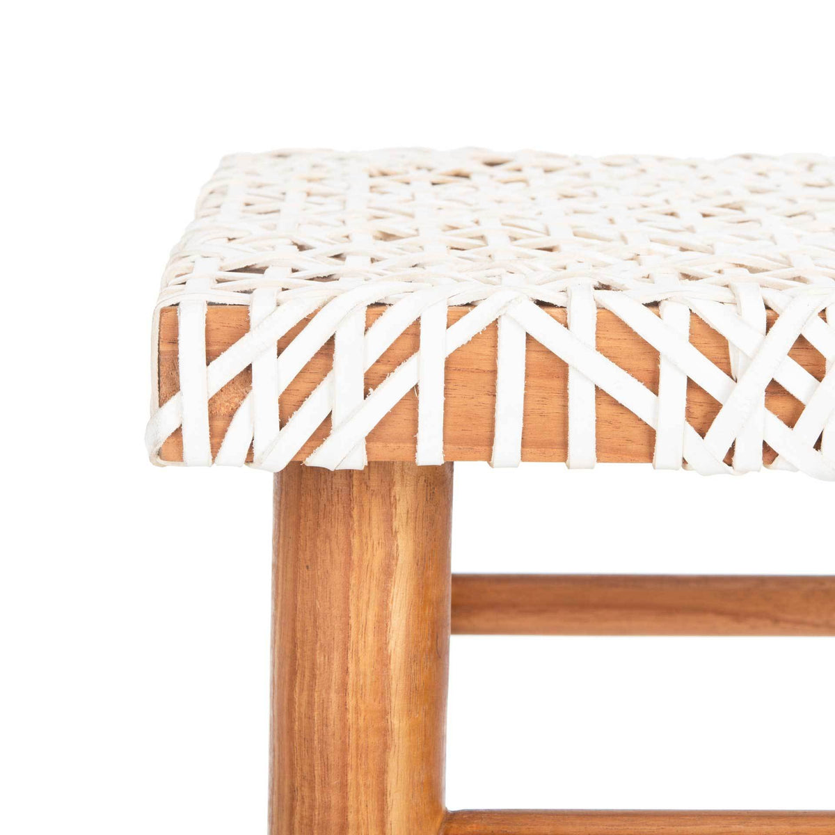 Interlaced white leather wraps the seat edge above a smooth natural wood leg