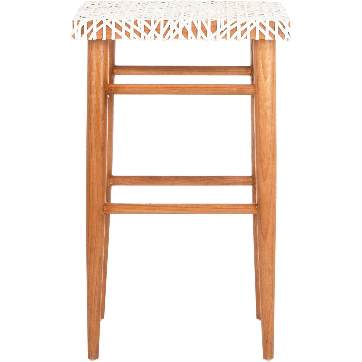 Crisp white leather weaving adds texture above natural wood legs and sturdy crossbars || BST1004A || front_studio