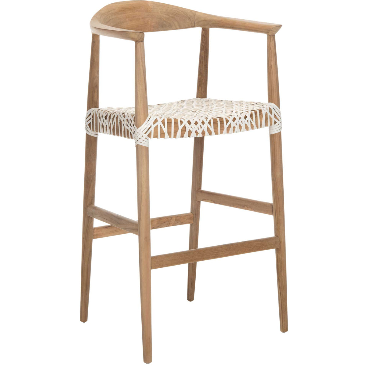 A tall teak frame pairs a sweeping wood back with a geometric white leather weave || BST1005A || front_angle_studio