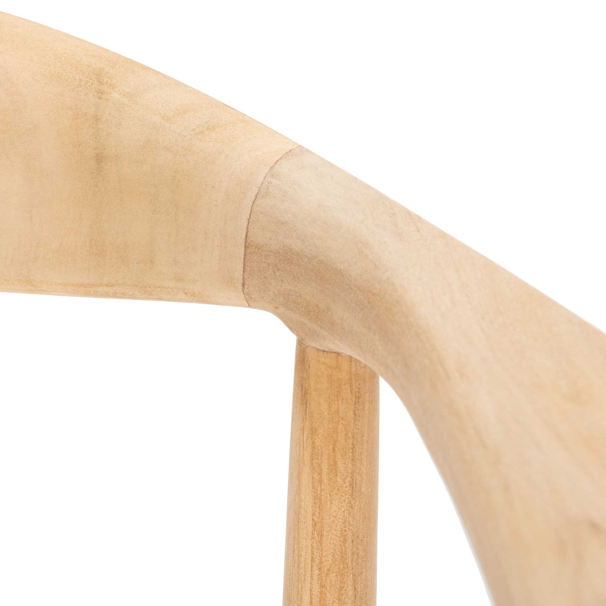 Smooth teak grain highlights the gentle curve where the backrest meets its upright support