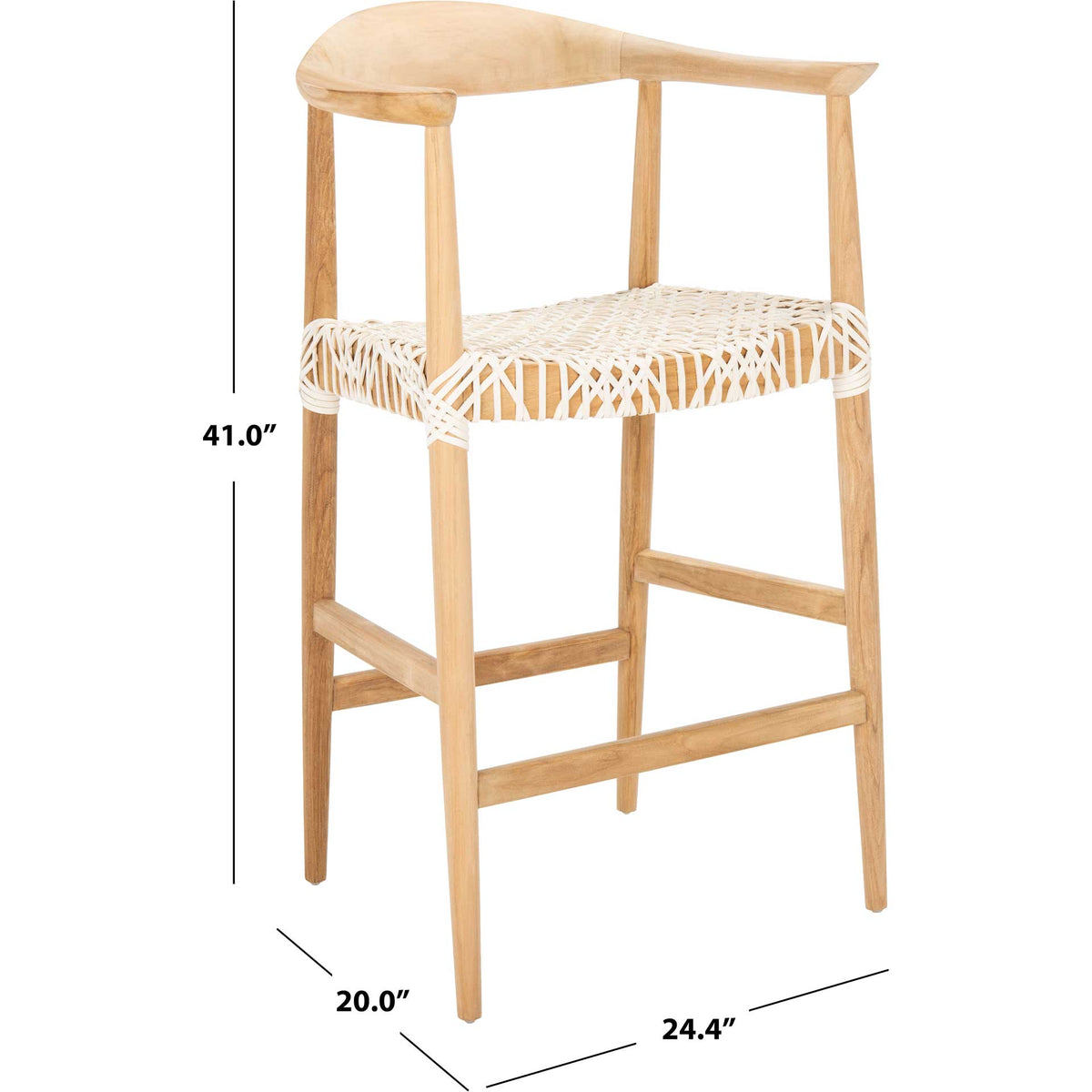 A teak counter stool with a white woven seat measures 20 by 24.4 by 41 inches