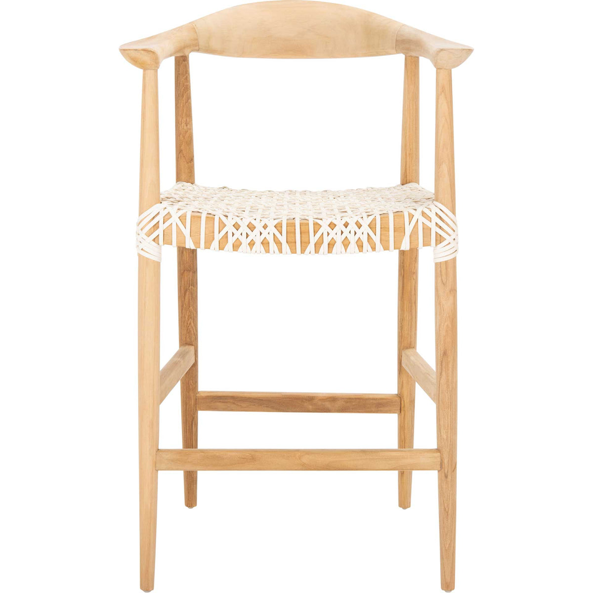 A curved teak back, white leather lattice seat, and sturdy footrest define this counter-height stool || BST1006A || front_studio