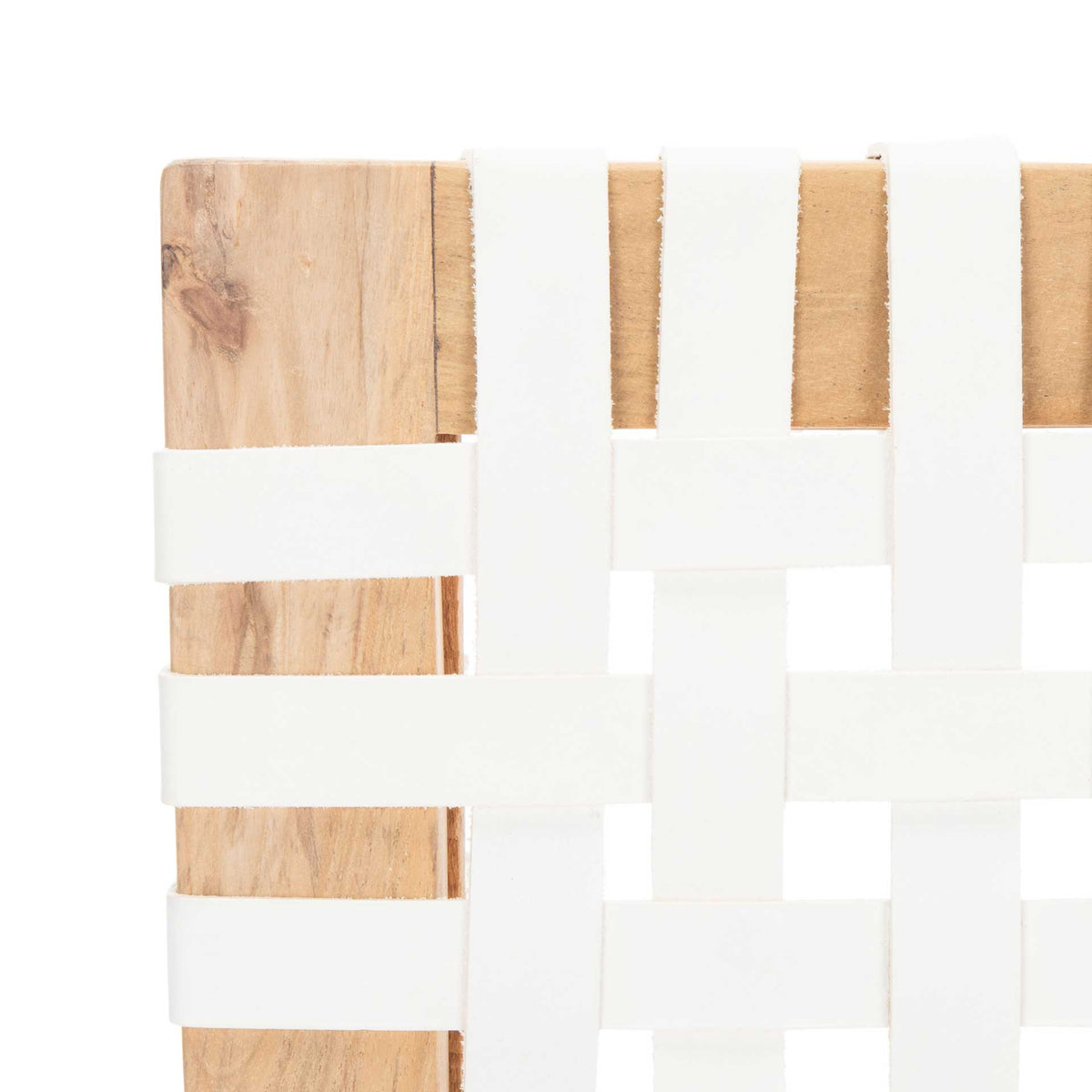 White leather strips wrap around warm-grained teak to create a crisp woven backrest