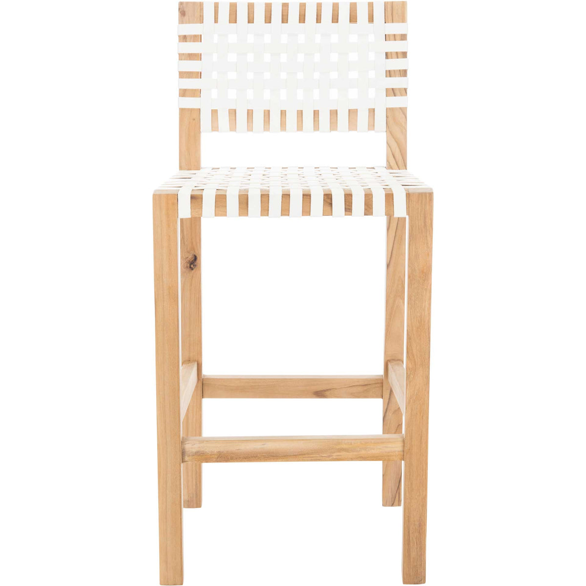 Crisp white leather bands create an airy woven seat and back on a natural teak frame || BST1007A || front_studio