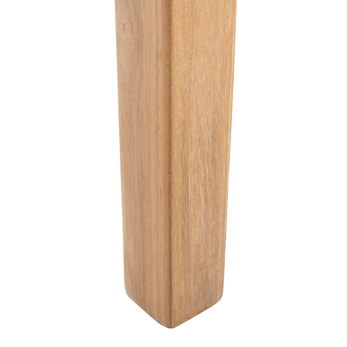 Warm natural wood grain defines the counter stool's solid teak leg and squared foot