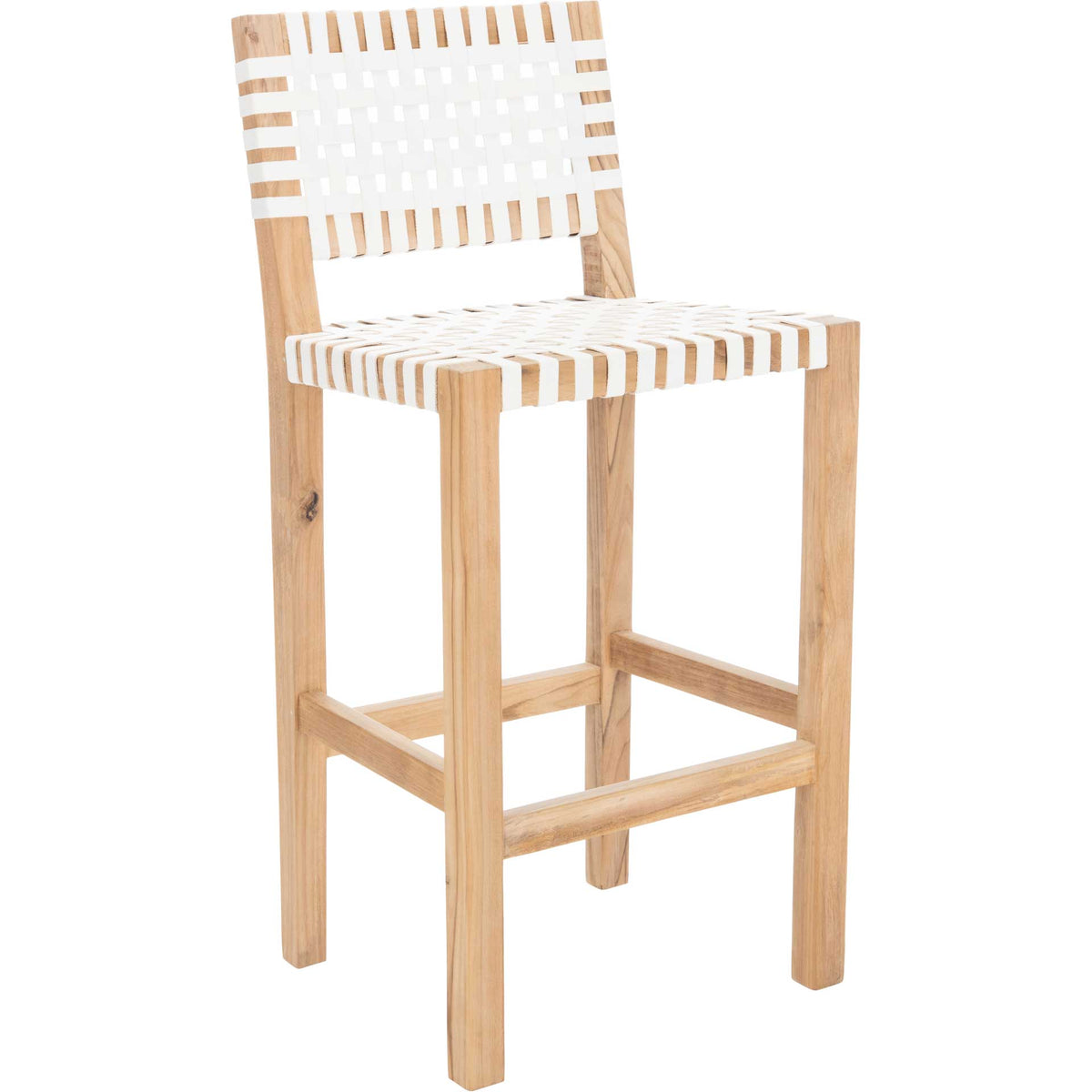 Natural teak counter stool pairs a woven white leather seat and back with sturdy wood footrests || BST1007A || front_angle_studio