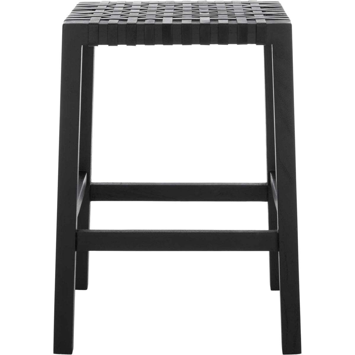 Woven black leather bands bring texture to a streamlined wood counter stool with a sturdy footrest. || BST1009B || front_studio
