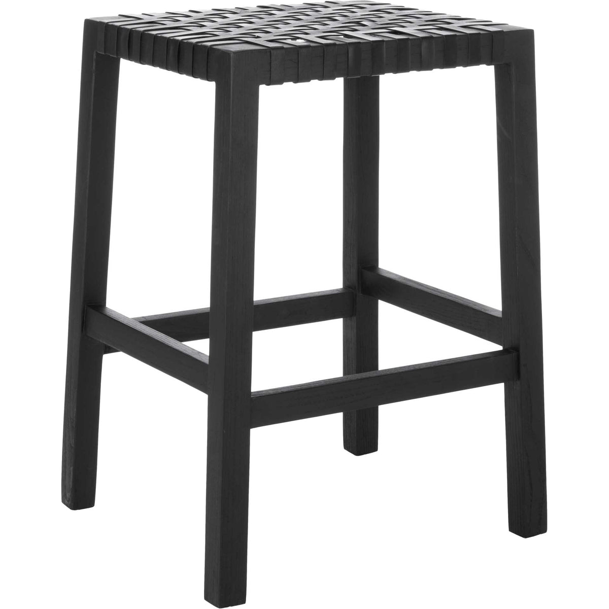 A black woven leather seat tops a sleek wood stool with tapered legs and wraparound footrests. || BST1009B || front_angle_studio