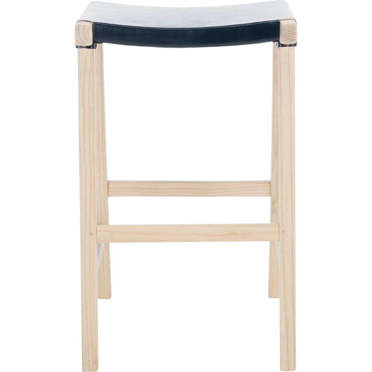 A tall, backless bar stool pairs a black leather seat with light wood legs and a footrest || BST1010A || front_studio
