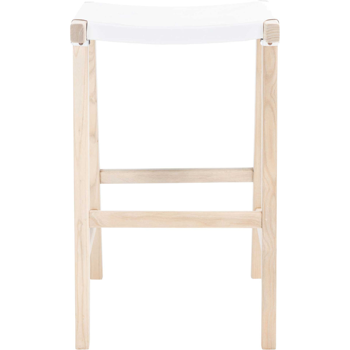 A tall white leather bar stool features a clean-lined natural wood frame and low footrest || BST1010C || front_studio