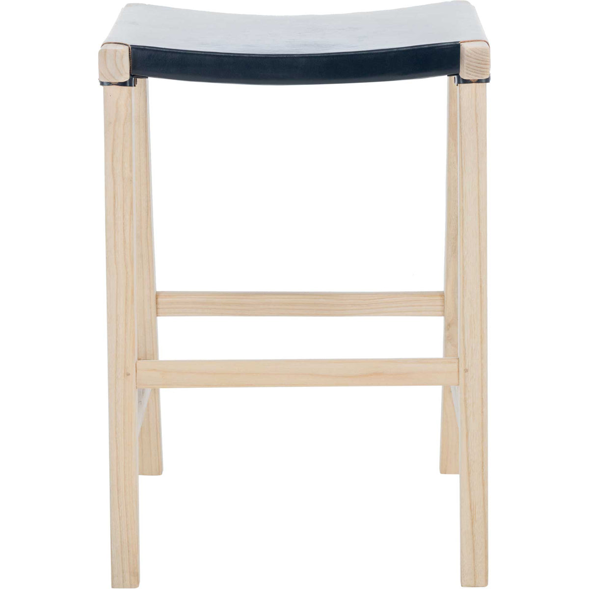 A black leather seat tops a counter stool with natural wood legs and a sturdy footrest || BST1011A || front_studio