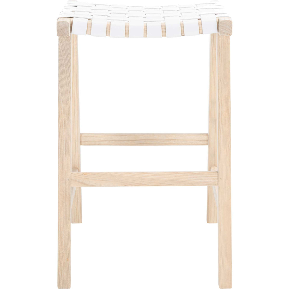 A white leather weave tops a tall pale wood bar stool with a simple front footrest || BST1012A || front_studio