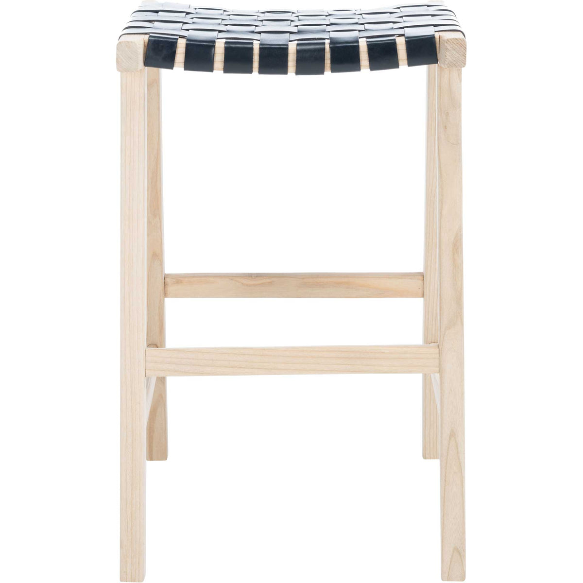 Tall bar stool pairs a black woven leather seat with pale wood legs and a sturdy footrest || BST1012B || front_studio