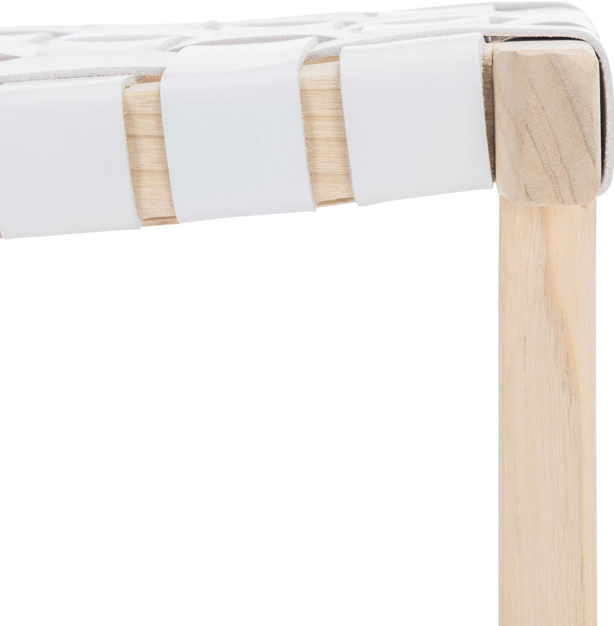 Wide white leather bands hug the pale wood frame, showing off the woven seat's clean lines