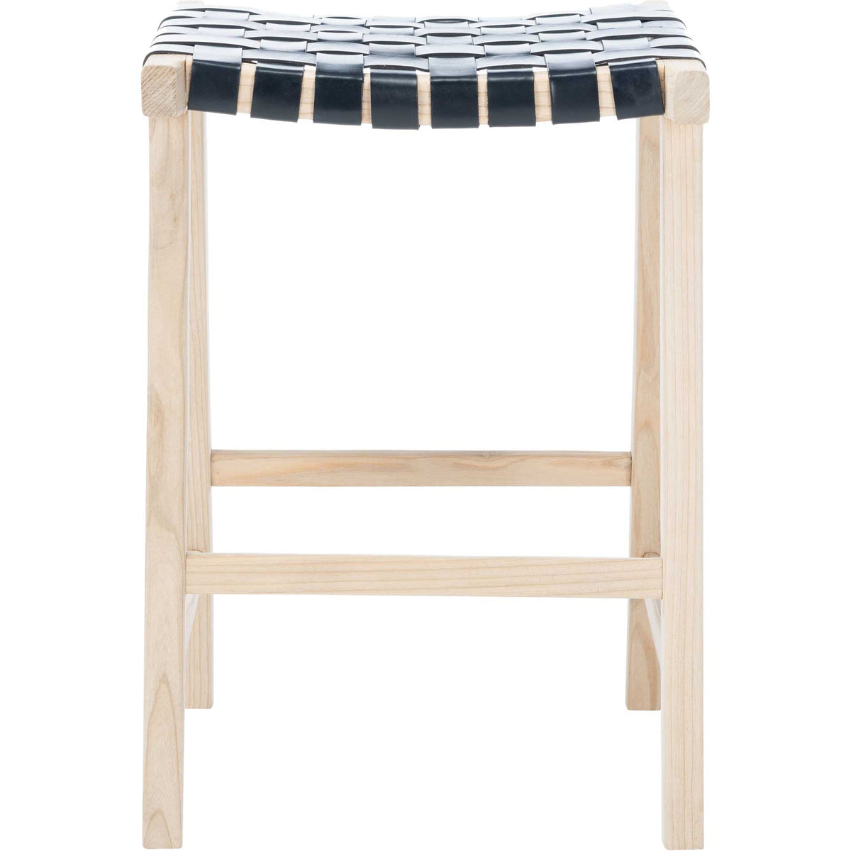 Black woven leather crowns a light natural wood counter stool with an open frame and footrest || BST1013B || front_studio