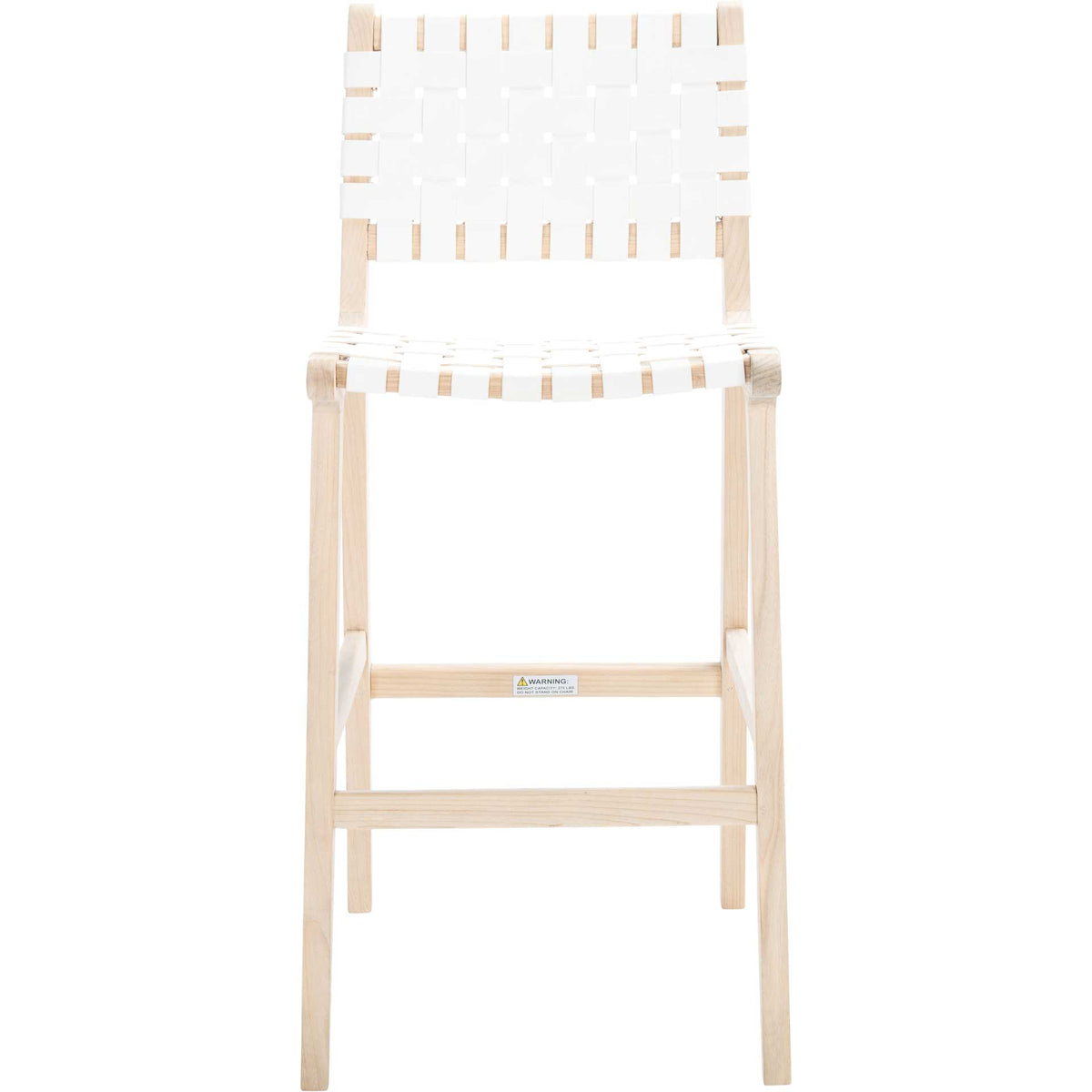 White leather weaving highlights the open silhouette of a tall, natural wood bar stool. || BST1014B || front_studio