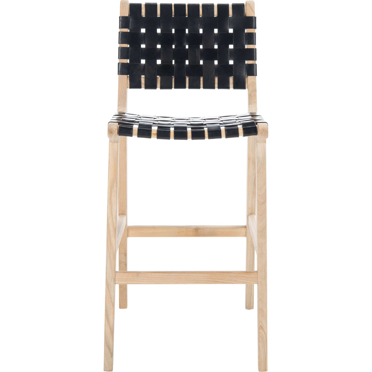 A tall natural wood bar stool pairs black woven leather with an open frame and sturdy footrest. || BST1014C || front_studio