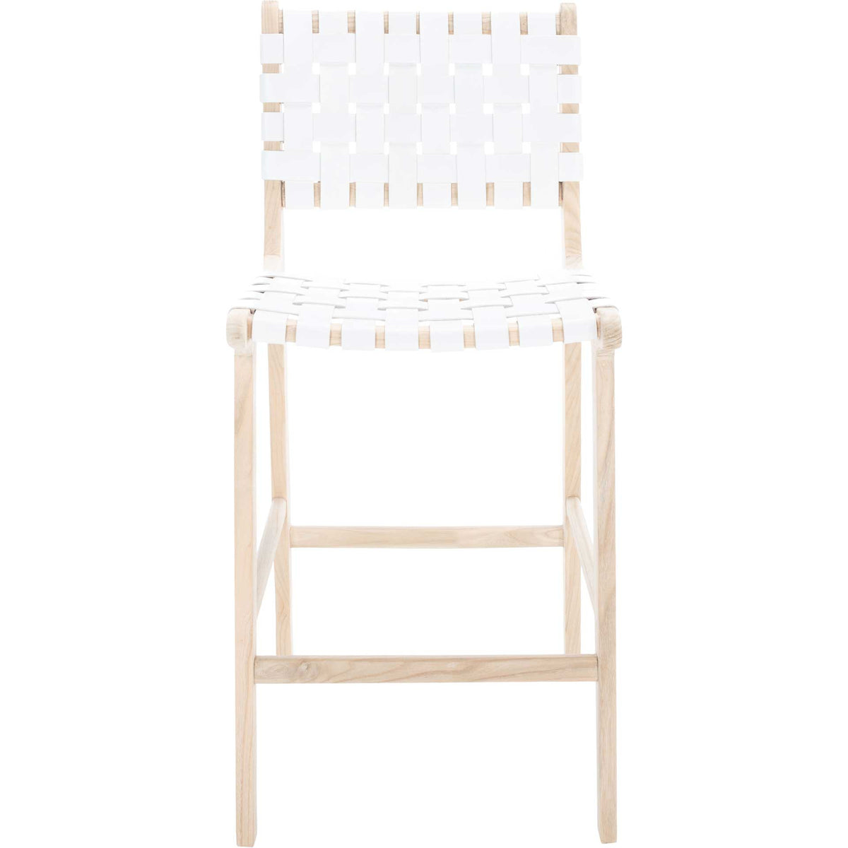 White woven leather adds clean texture to the airy natural wood frame of a counter stool. || BST1015B || front_studio