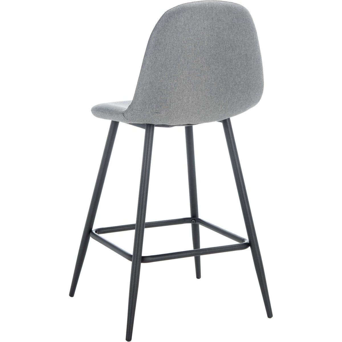 A curved gray upholstered shell sits above tapered black legs joined by a square footrest